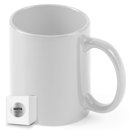 Tazas blancas de cerámica 370ml presentada en caja individual. Aptas para microondas y lavavajillas.