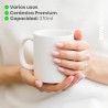 Tazas blancas de cerámica 370ml presentada en caja individual. Aptas para microondas y lavavajillas.