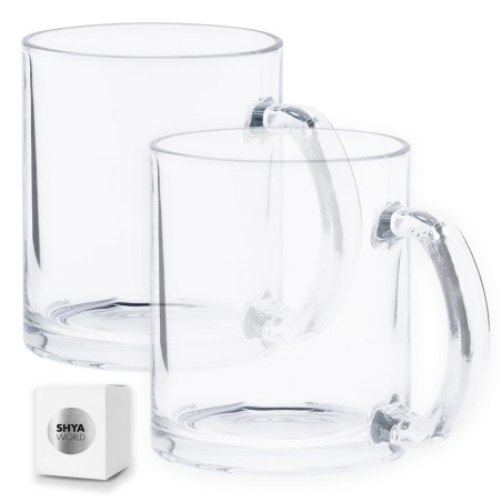 Tazas de Cristal transparente de 350ml de vidrio presentada en caja individual. Aptas para microondas y lavavajillas.