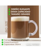 Tazas de Cristal transparente de 350ml de vidrio presentada en caja individual. Aptas para microondas y lavavajillas.